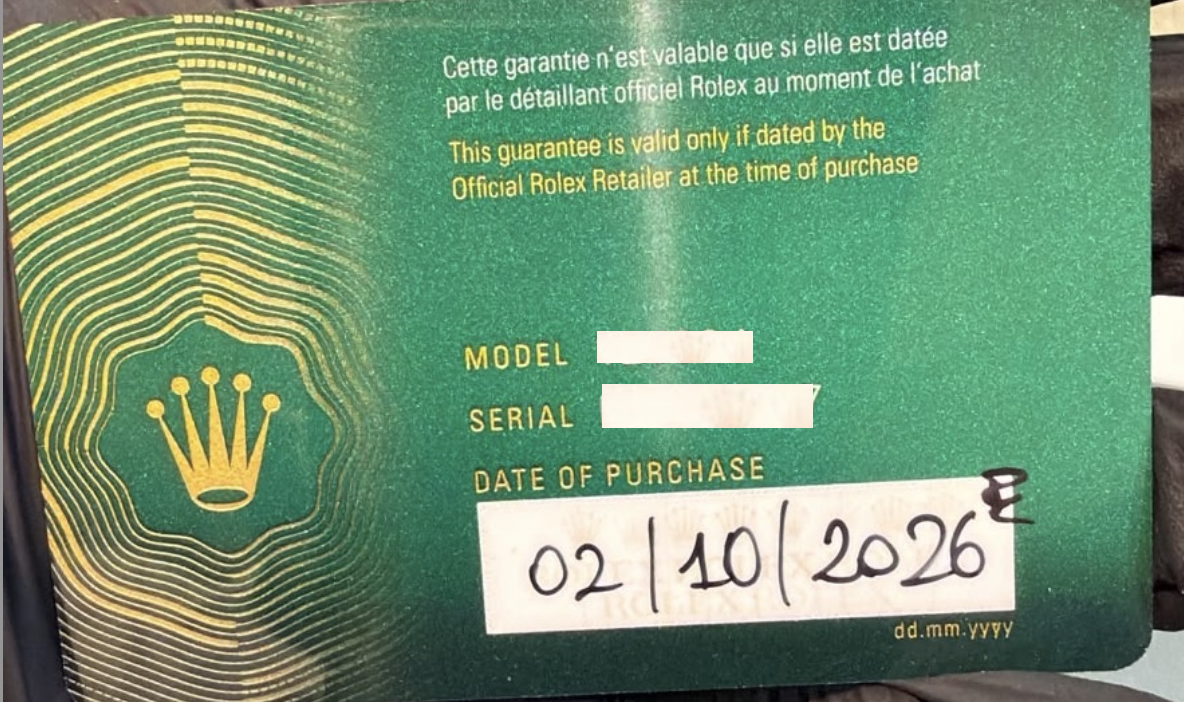 Garanzia Rolex precedente datata 2 ottobre 2026